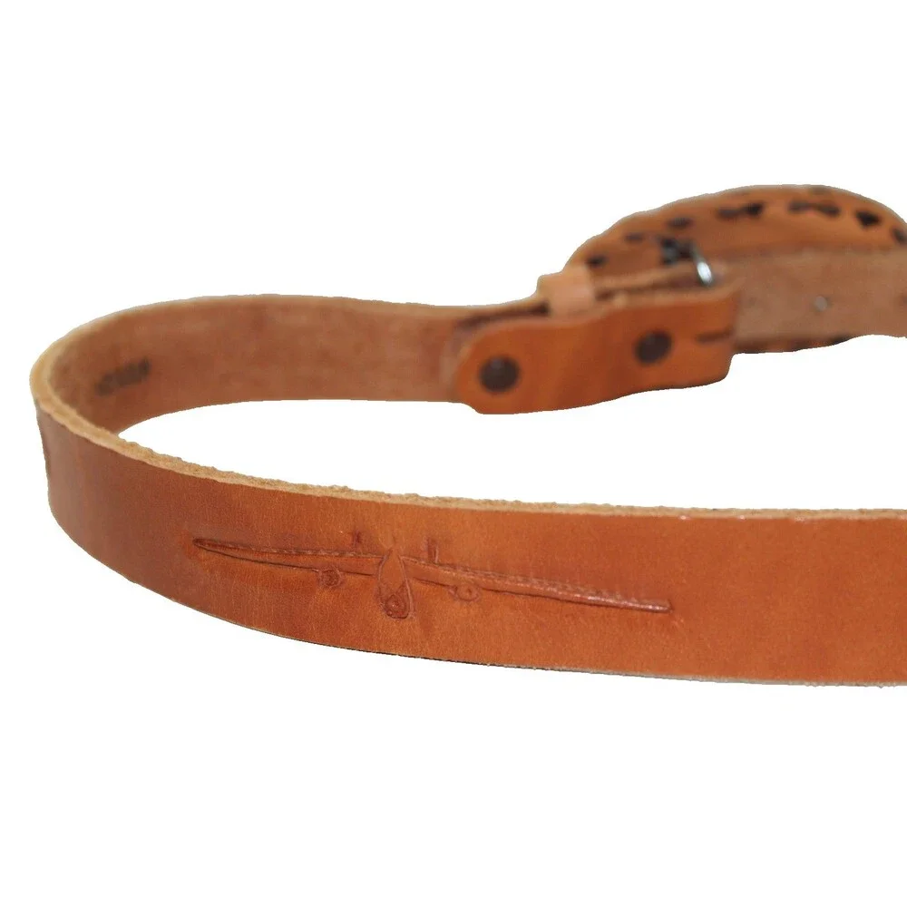 Vintage Men's Brown Tooled Leather Belt Airplane Swastica 30 Inch